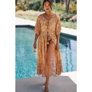 Anthropologie Womens Yellow Cream Floral Embroidered Ember Caftan Plus 1X